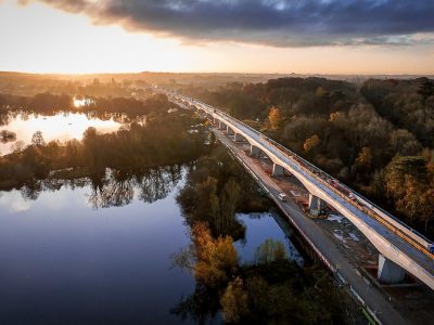 Aerial view of HS2's Colne Valley Viaduct at sunset 6